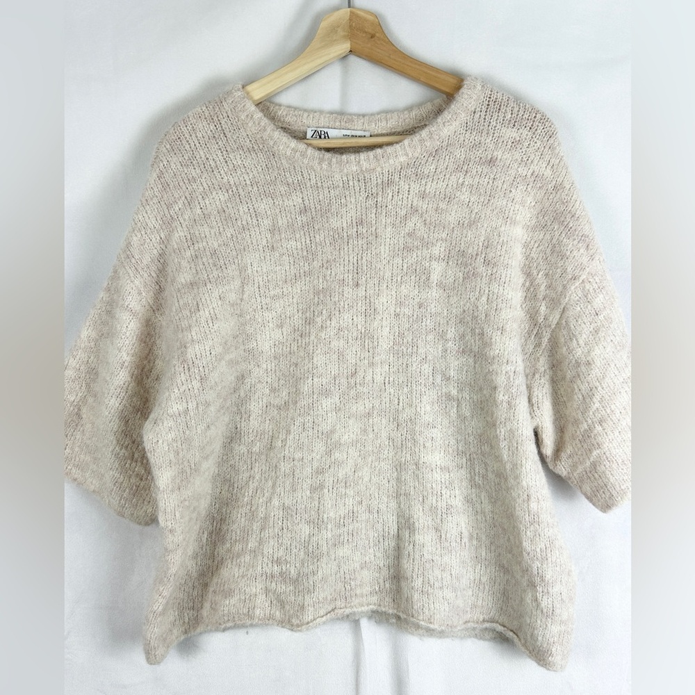 ZARA 50% Alpaca Short‎ Sleeve Knit Sweater Size Medium Boxy Cream Pink Soft